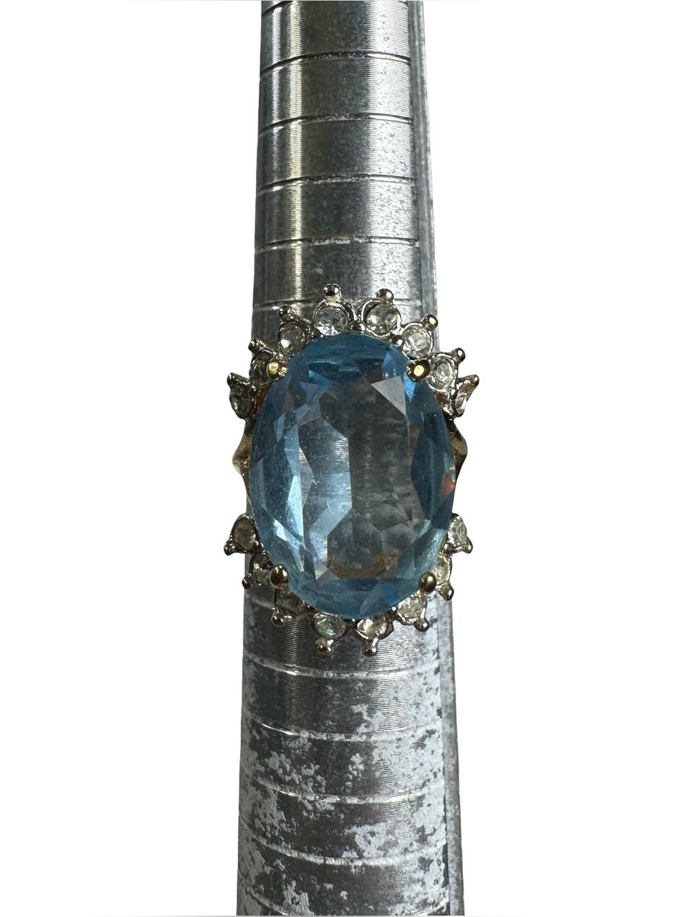 Vtg 18K HGE Blue Tourmaline Cocktail Ring Sz 6.5 Heavy Gold Plated Crown Halo